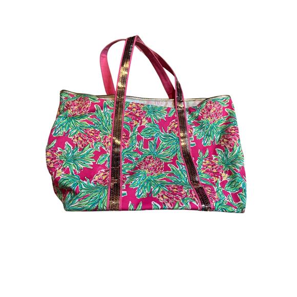 Lilly Pulitzer Tote Bag Pink Green Floral Sequin Straps Large - Picture 1 of 4